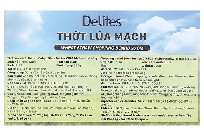 Thớt thái lúa mạch chữ nhật 26 x 19.7 cm Delites CF6524-1 Màu Xanh Dương