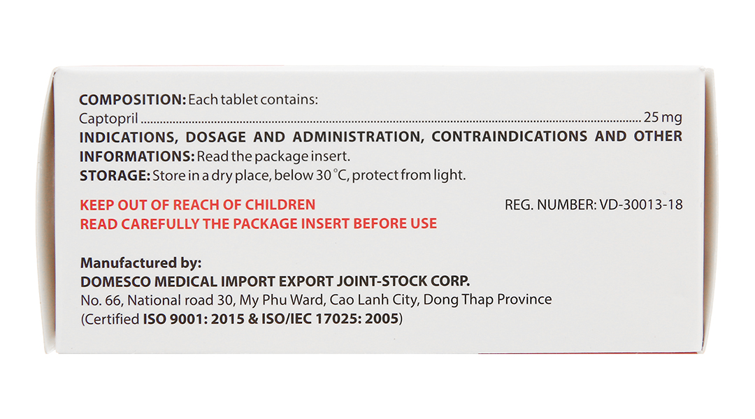 Captopril Domesco 25mg trị tăng huyết áp, suy tim