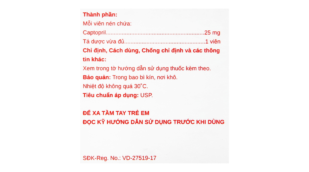 Captopril Stella 25mg trị tăng huyết áp, suy tim