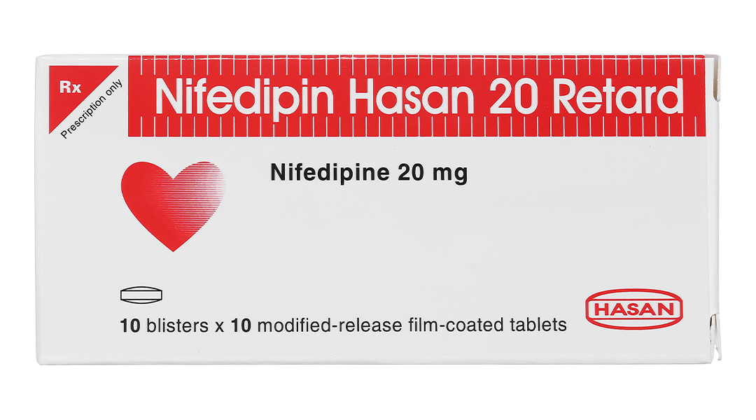 Nifedipin Hasan 20 Retard trị tăng huyết áp, đau thắt ngực