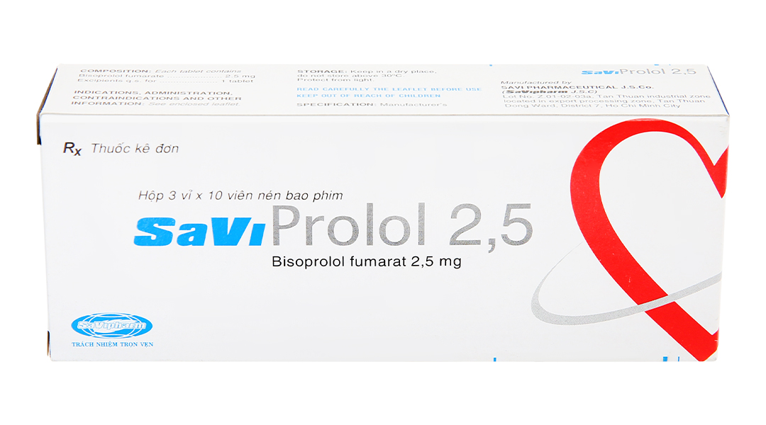 SaviProlol 2.5mg điều trị tăng huyết áp, đau thắt ngực