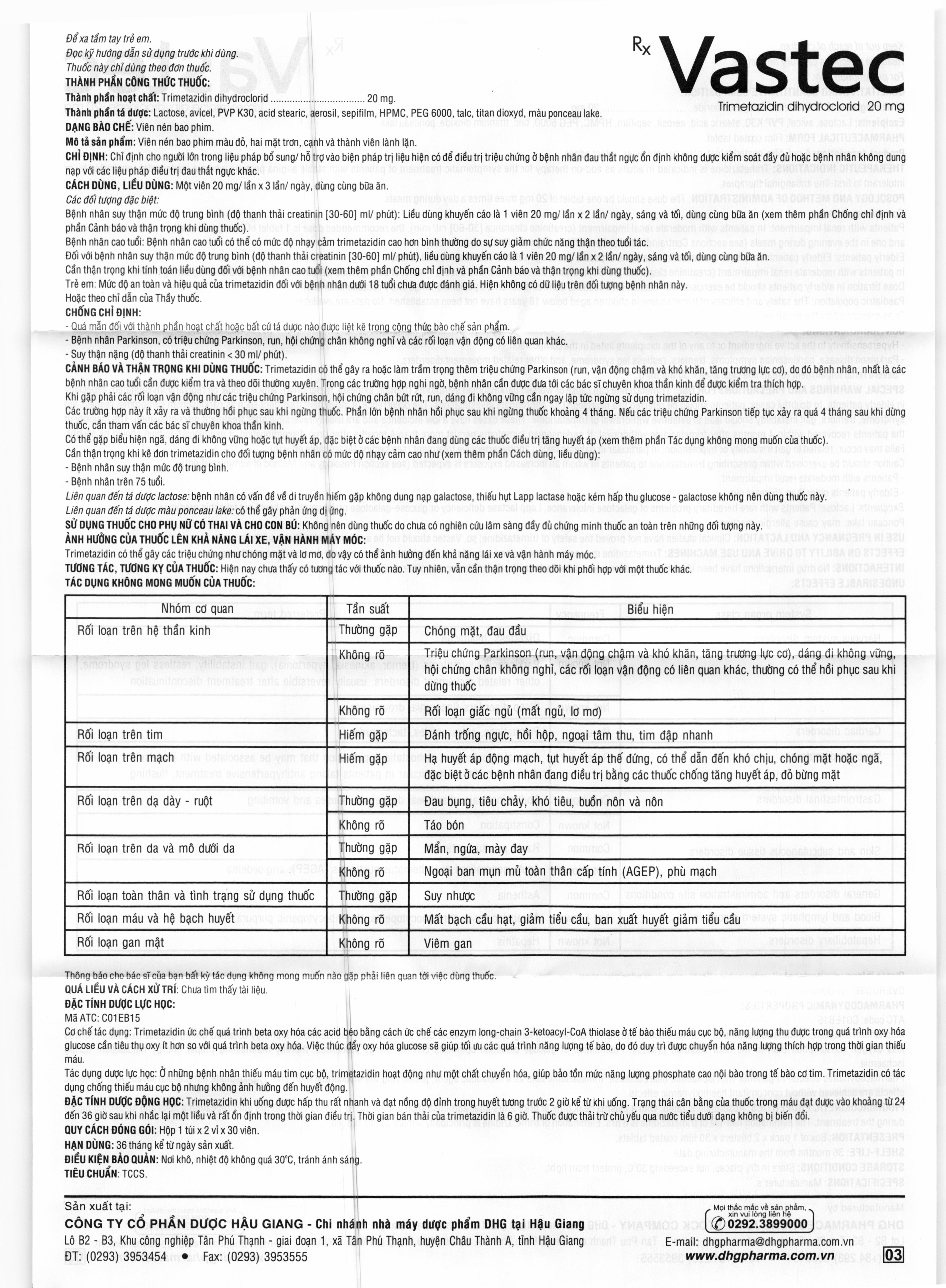 Vastec 20mg trị đau thắt ngực