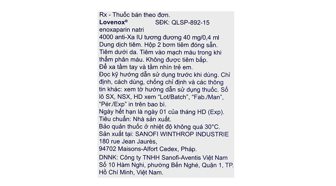 Dung dịch tiêm Lovenox 40mg/0.4ml dự phòng huyết khối