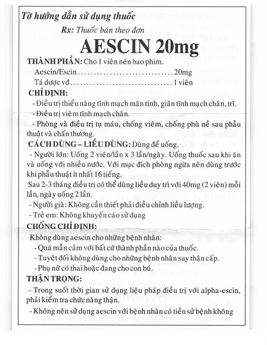 Aescin 20mg trị tụ máu, giãn tĩnh mạch