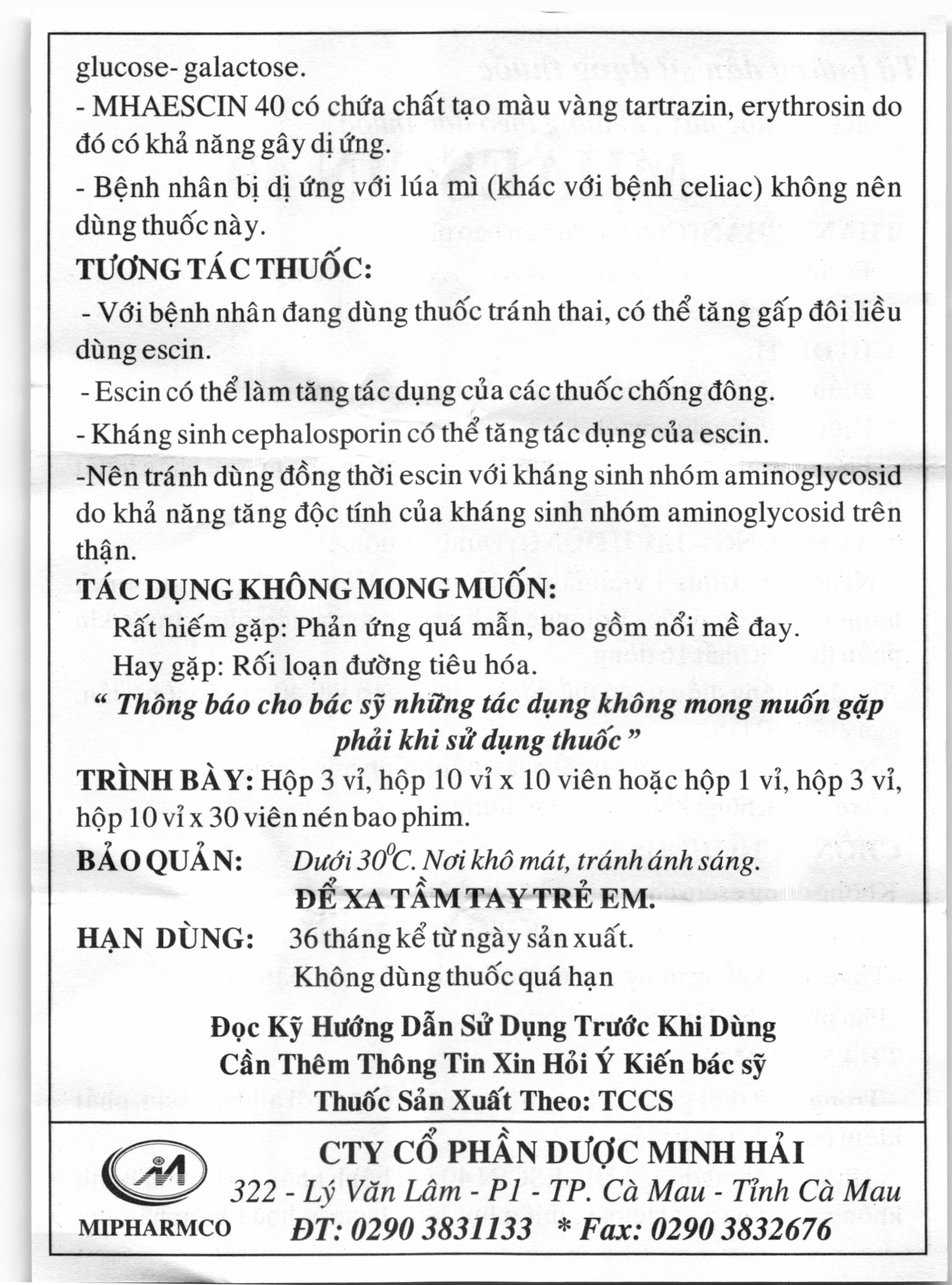 MHAescin 40 trị giãn tĩnh mạch, chống phù nề (3 vỉ x 10 viên) - 8