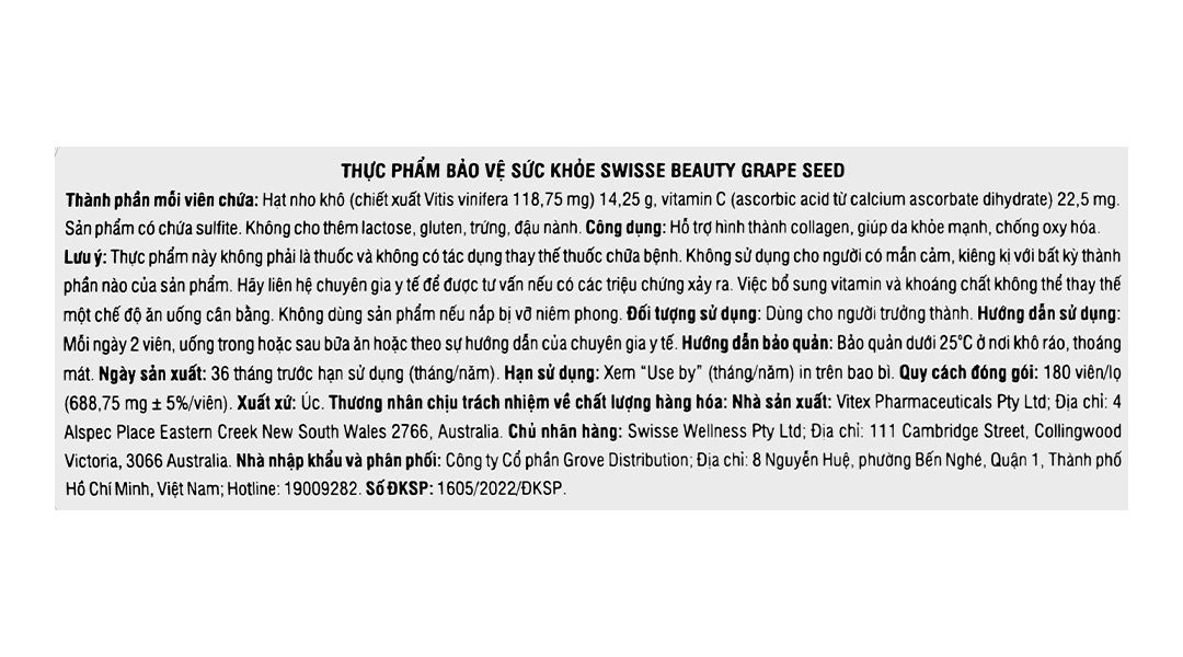 Swisse Beauty Grape Seed hỗ trợ hình thành collagen