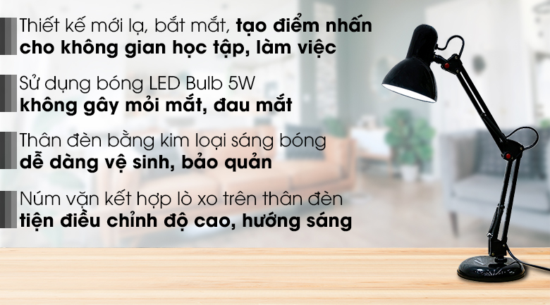 Đèn bàn học Điện Quang DKL14 B sử dụng bóng đèn LED Bulb 5 W cho ánh sáng tập trung, giúp hạn chế tình trạng mỏi mắt, đau mắt
