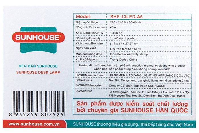 Đèn bàn học Sunhouse SHE-13LED-A6 Màu Đen