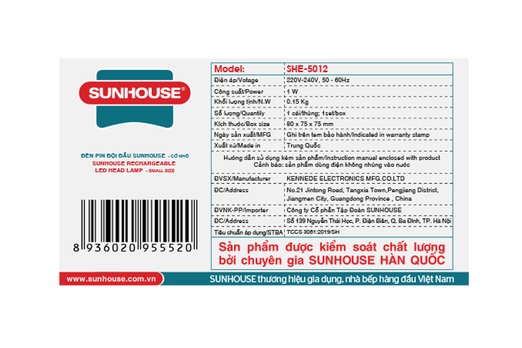 Đèn pin sạc đội đầu Sunhouse SHE-5012 Màu Đen