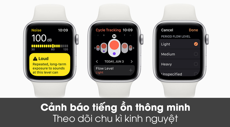 Apple Watch S5 LTE 40mm viền nhôm dây cao su cảnh báo tiếng ồn và theo dõi chu kì kinh nguyệt cho nữ