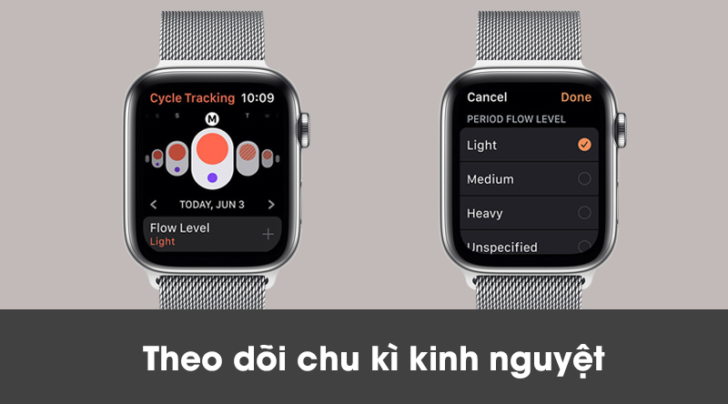 Apple Watch S5 LTE 40mm viền thép dây thép theo dõi chu kì kinh nguyệt