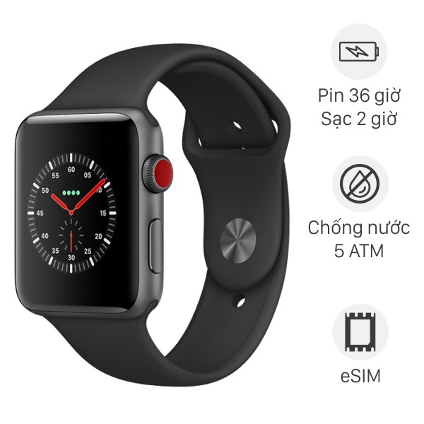 Apple Watch S3 LTE 42mm viền nhôm dây cao su đen