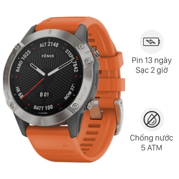 Đồng hồ thông minh Garmin Fenix 6 dây silicone viền Titanium