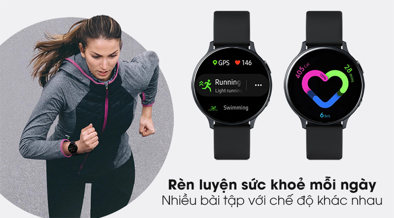 Đồng hồ thông minh Samsung Galaxy Watch Active 2 40mm viền nhôm dây silicone đen với nhiều bài tập luyện thể dục tăng cường sức khoẻ