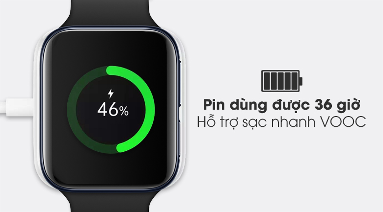 Đồng hồ Oppo Watch 46mm dây silicone đen có dung lượng pin 36 giờ và hỗ trợ sạc nhanh