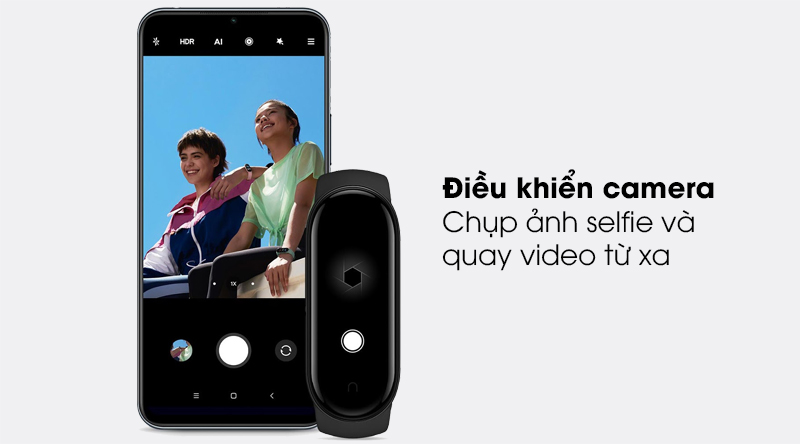 Vòng đeo tay thông minh Mi Band 5 khi kết nối có thể điều khiển camera và phát nhạc