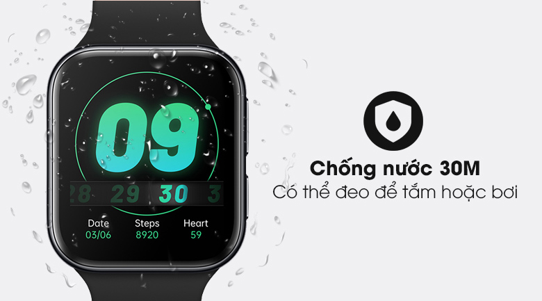 Đồng hồ Oppo Watch 41mm dây silicone đen với khả năng chống nước 30m