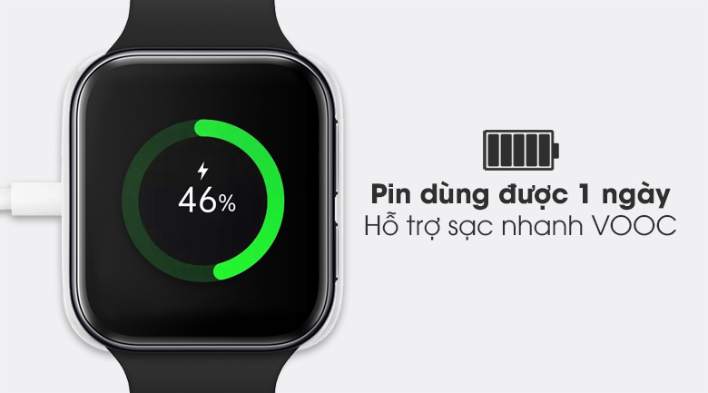 Đồng hồ Oppo Watch 41mm dây silicone đen trang bị pin cho phép sử dụng trong 1 ngày