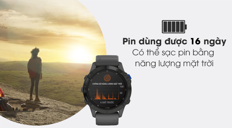 Đồng hồ Garmin Fenix 6 Pro Solar có thời gian sử dụng lên đến 14 ngày