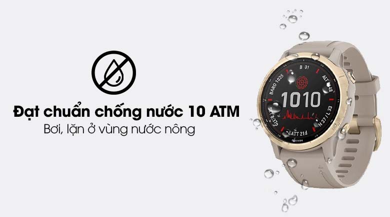 Đồng hồ thông minh Garmin Fenix 6S Pro Solar dây silicone có hệ số chống nước 10 ATM