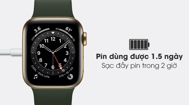 Apple Watch S6 LTE 40mm viền thép dây cao su có dung lượng pin tốt