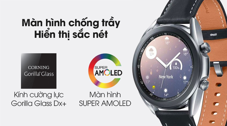 Đồng hồ Samsung Galaxy Watch 3 41mm viền thép bạc dây da được trang bị màn hình chống trầy