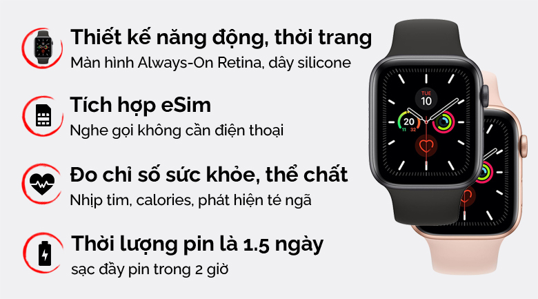 Đồng hồ thông minh Apple Watch S5 LTE 44mm viền nhôm dây cao su đen