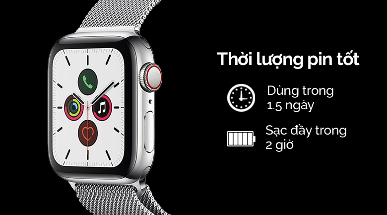 Apple Watch S5 LTE 44mm viền thép dây thép bạc có thời lượng pin tốt