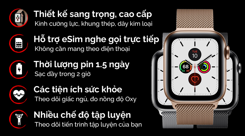 Đồng hồ thông minh Apple Watch S5 LTE 44mm viền thép dây thép vàng