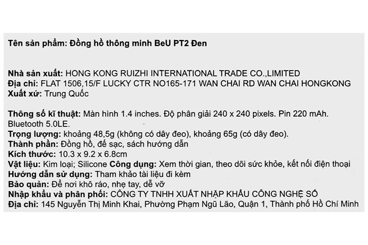 Đồng hồ thông minh BeU PT2 51mm Đen Màu Đen