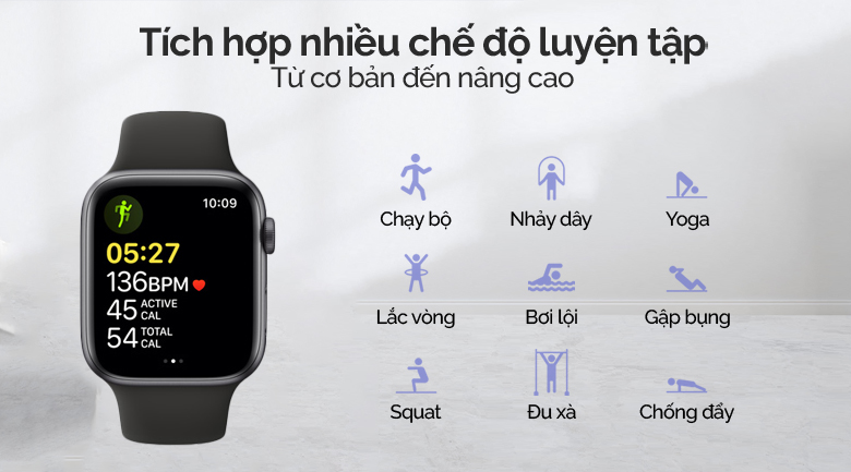 Apple Watch SE LTE 40mm viền nhôm dây cao su đen được tích hợp nhiều chế độ luyện tập