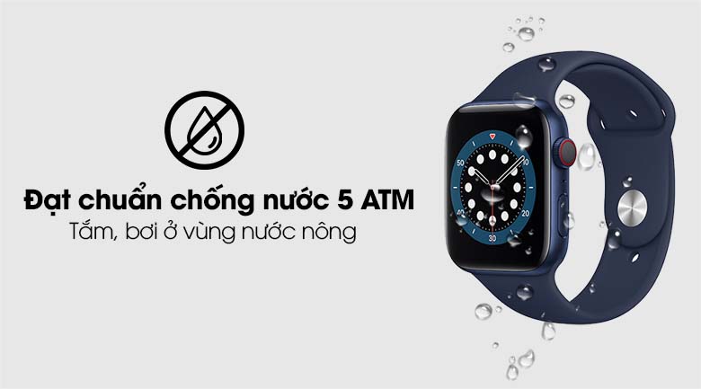Apple Watch S6 LTE 44mm viền nhôm dây cao su xanh dương có hệ số chống nước 5 ATM