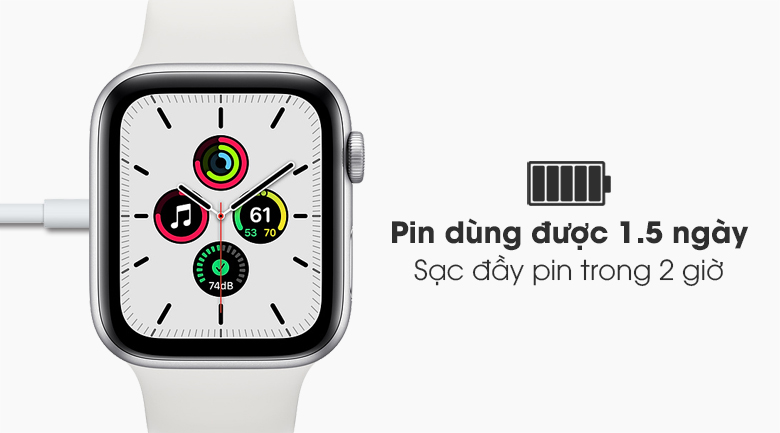 Đồng hồ Apple Watch SE LTE 44 mm có pin dung lượng lớn, sạc đầy nhanh chóng