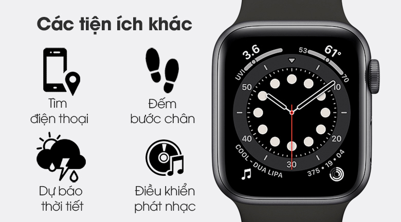Apple Watch S6 LTE 40mm viền nhôm dây cao su đen có nhiều tiện ích khác Apple Watch S6 LTE 40mm viền nhôm dây cao su đen có nhiều tiện ích khác