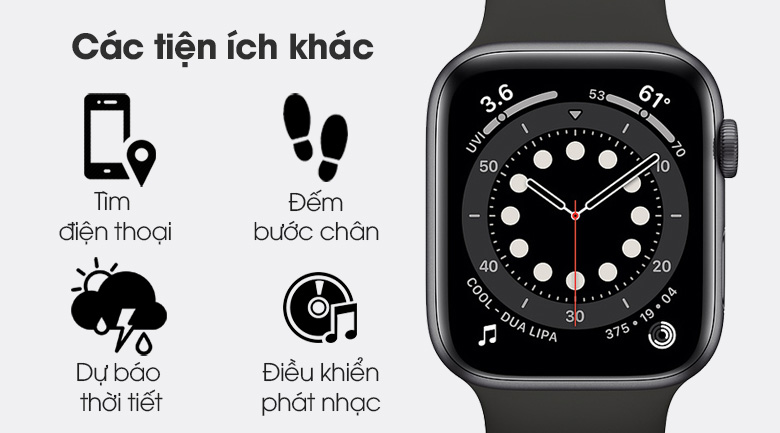 Apple Watch S6 44mm viền nhôm dây cao su đen - tiện ích