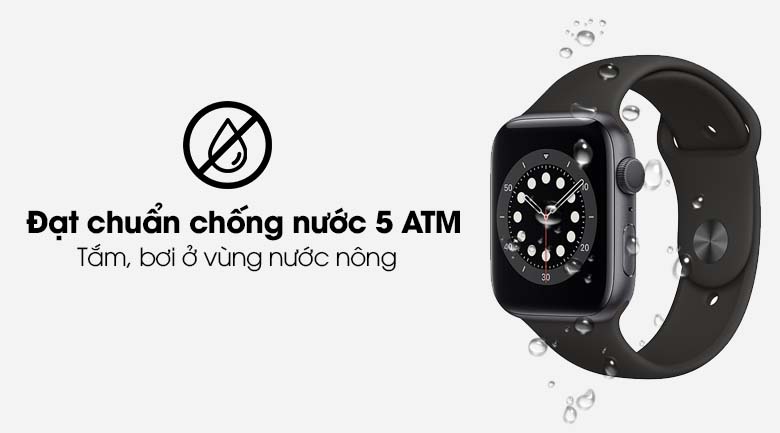 Apple Watch S6 44mm viền nhôm dây cao su đen có hệ số chống nước 5 ATM