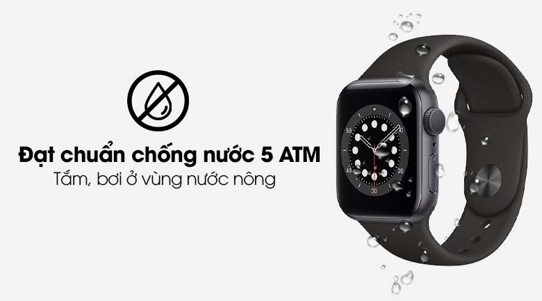 Apple Watch S6 40mm viền nhôm dây cao su đen có hệ số chống nước 5 ATM