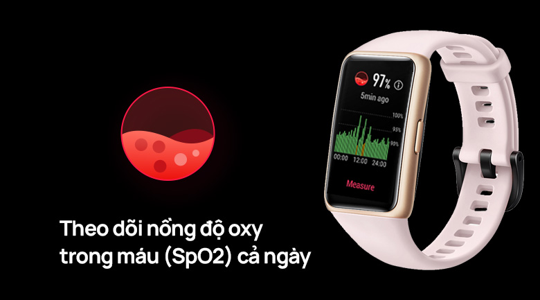 Huawei band 6 dây silicone có tính năng theo dõi nồng độ oxy trong máu