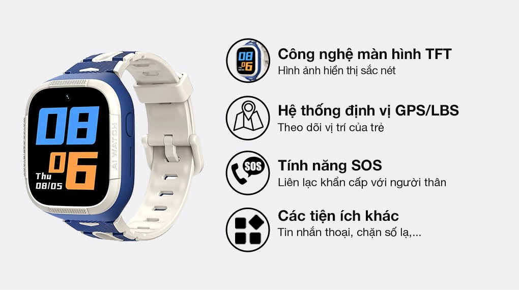 Khi xảy ra vấn đề khẩn cấp, bé chỉ cần nhấn và giữ nút SOS phía bên cạnh để lập tức liên lạc với người thân