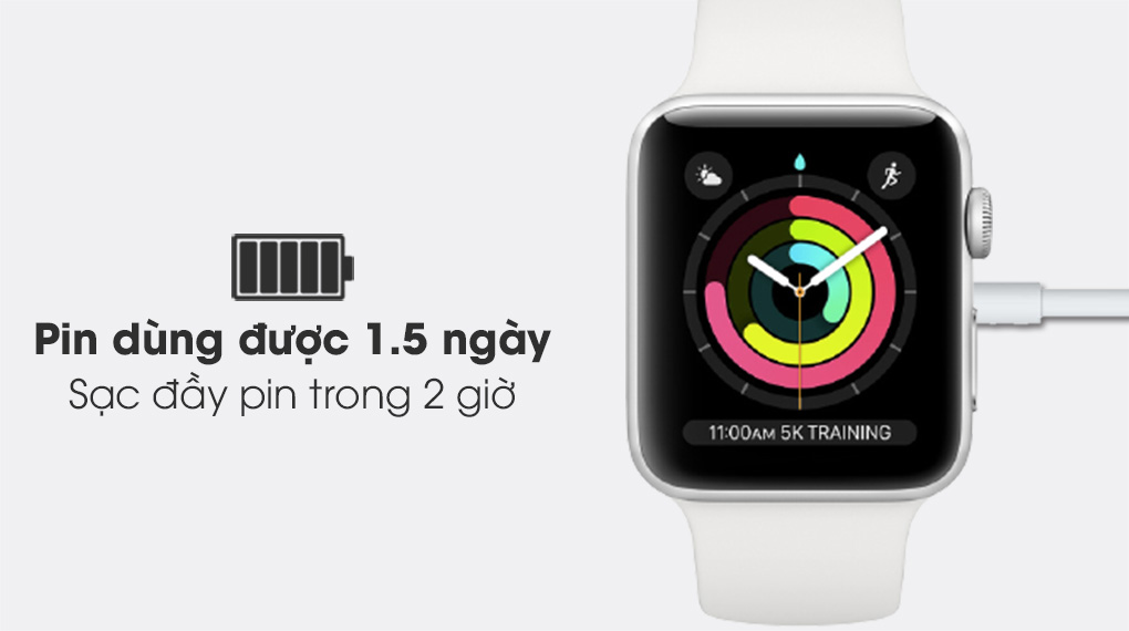 Apple Watch S3 GPS 38mm viền nhôm dây cao su trắng có dung lượng pin lớn, sạc đầy nhanh chóng