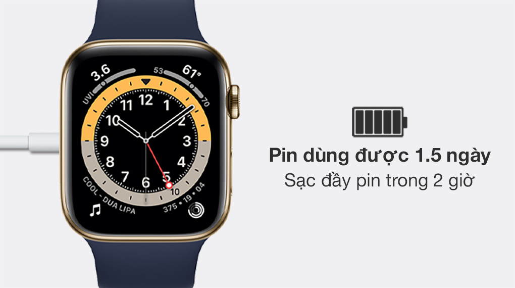 Apple Watch S6 LTE 40mm viền thép dây cao su xanh dương có thời lượng pin 1.5 ngày