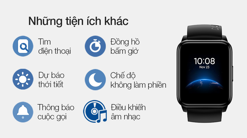 Đồng hồ thông minh Realme Watch 2 dây silicone đen có thêm nhiều tiện ích khác