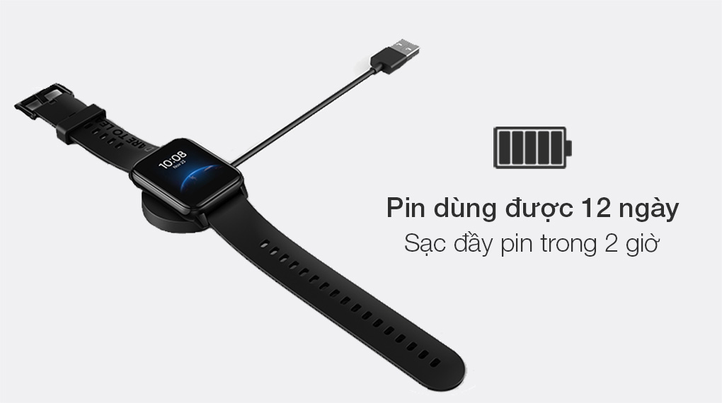 Đồng hồ thông minh Realme Watch 2 dây silicone đen có dung lượng pin lớn