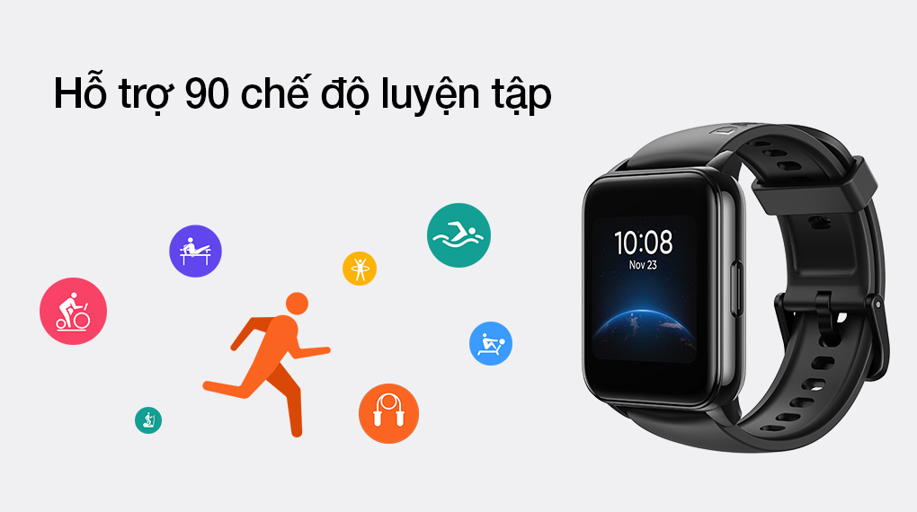 Đồng hồ thông minh Realme Watch 2 dây silicone đen với hơn 90 chế độ tập luyện