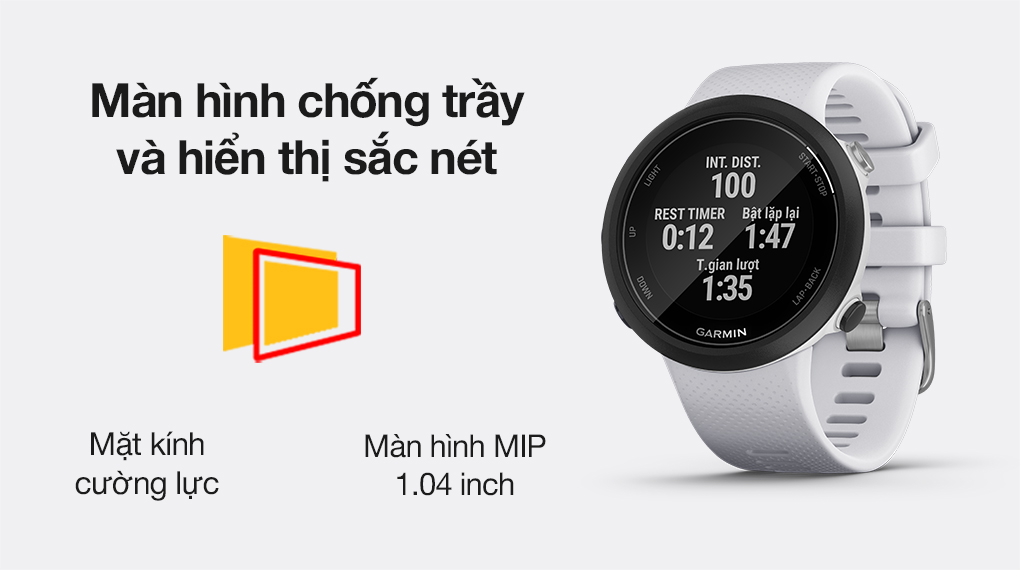 Đồng hồ thông minh Garmin Swim 2 dây silicone trắng có màn hình chống trầy, hiển thị rõ nét