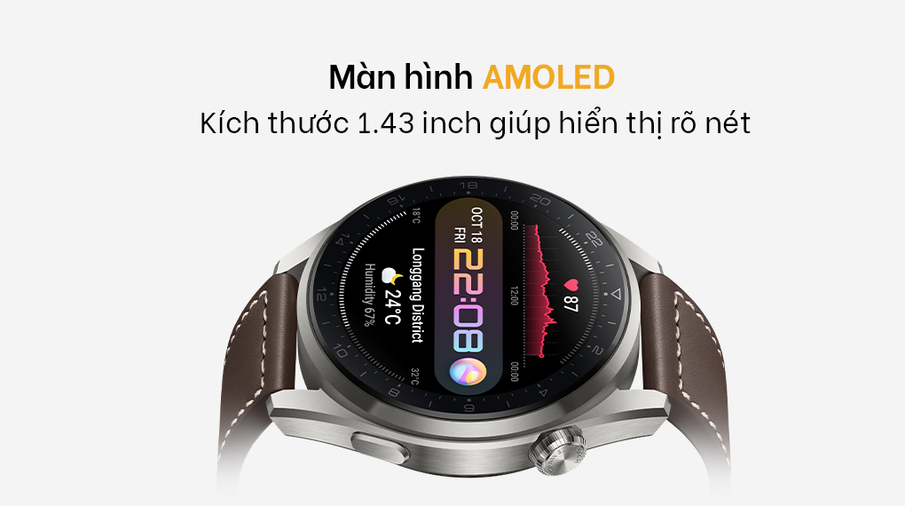 Huawei Watch 3 LTE 46mm Dây Da có màn hình AMOLED hiển thị hình ảnh sắc nét