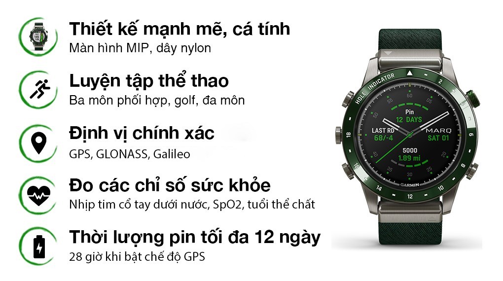 Đồng hồ thông minh Garmin MARQ Golfer 46mm Xanh Lá