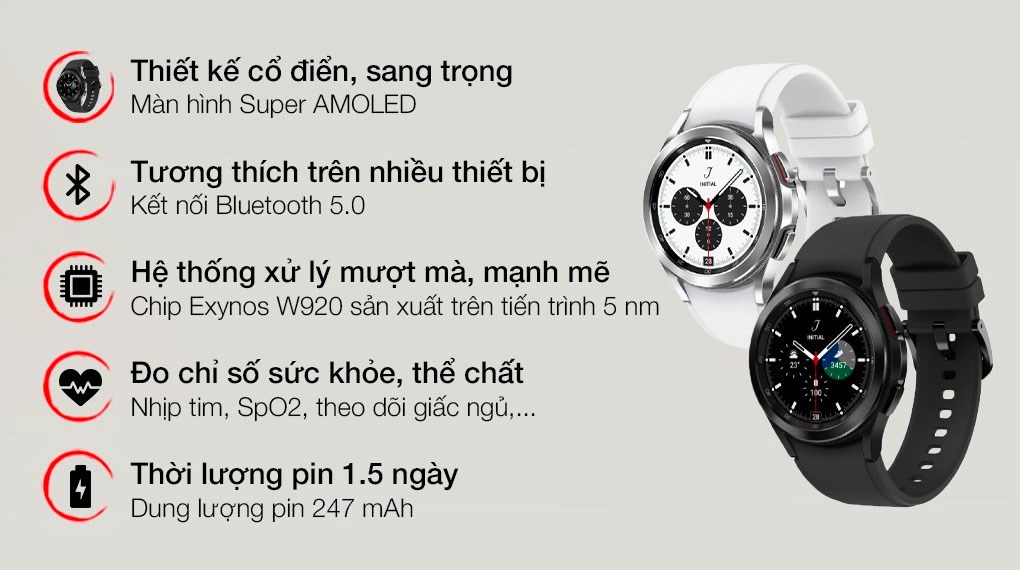 Galaxy Watch4 Classic: Sở hữu chiếc đồng hồ thông minh cao cấp Galaxy Watch4 Classic - một trong những sản phẩm đáng chú ý nhất của Samsung, bạn sẽ không chỉ được trải nghiệm những tính năng thông minh tuyệt vời mà còn thể hiện phong cách thời trang của mình với thiết kế sang trọng và đẳng cấp.