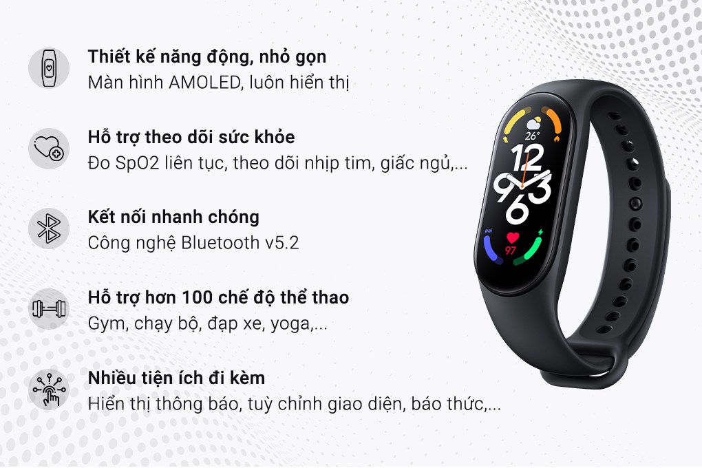Với hình ảnh của Xiaomi Mi Band 7, bạn sẽ hiểu được vì sao sản phẩm này đang khẳng định vị thế của mình trên thị trường. Với nhiều tính năng và kiểu dáng độc đáo, đây chắc chắn sẽ là một trợ thủ đắc lực để giúp bạn theo dõi sức khỏe và tăng cường hoạt động thể chất trong cuộc sống hàng ngày.