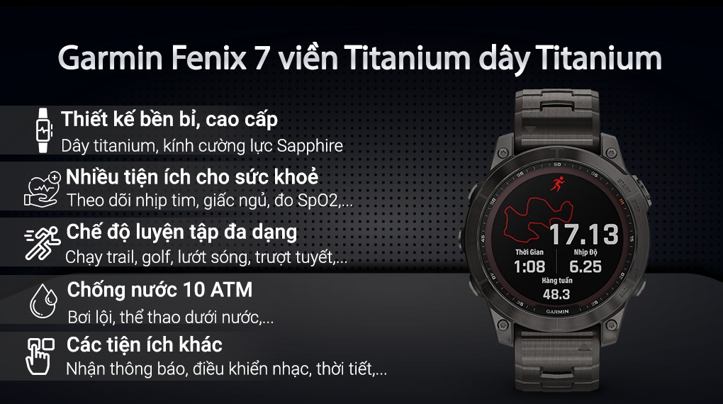 Đồng hồ thông minh Garmin Fenix 7 Titanium 47mm Đen